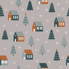 Obraz na płótnie Canvas Seamless pattern with cute houses in snowy forest. Simple scandinavian style background with christmass mood for web, print, background, wallpaper, scrapbooking, wrapping paper, textile 