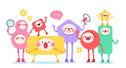 Geometric figures faces. Different simple shapes group, funny kids design, cute emotional characters, trendy cartoon heroes with hands, feet and funny faces, vector cartoon isolated concept