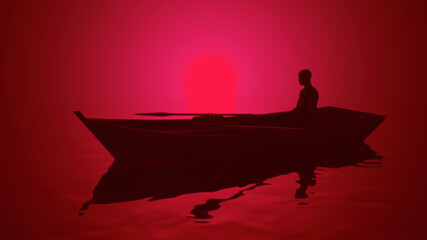 3d illustration of a man in a boat meditating at dawn
