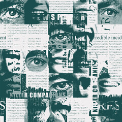 Abstract seamless pattern with a collage of magazine and newspaper clippings. Monochrome vector background with illegible text, illustrations and headlines. Wallpaper, wrapping paper, fabric design