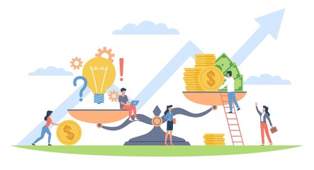 Scales concept. Money and idea aspiration to balance, bulb symbol and stack of coins and cash, investing in ideas, financial injections in new project, vector cartoon flat isolated concept