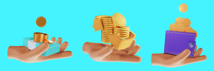 Cartoon hand holding a stack of coins on an isolated background. 3d illustration