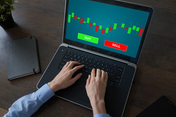 Fototapeta premium Online Trading Currency Forex Stock Market concept on screen with Economic graphs Candle chart and SELL and BUY buttons.