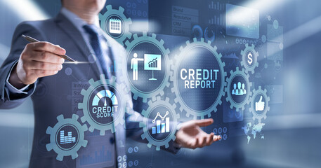 Credit report score button on virtual screen. Business Finance concept.