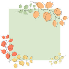 Postcard template design, linear eucalyptus leaves with colored autumn spots, minimalist style.