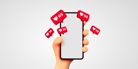 Cute 3D cartoon hand holding mobile smartphone with Likes notification icons on white background. Social media and marketing concept.