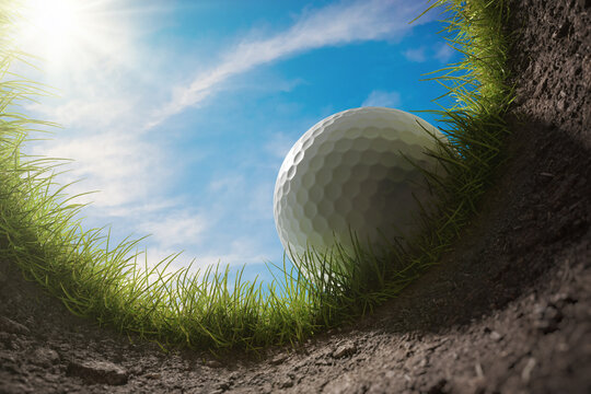 Golf ball is falling into hole. View from inside of hole. 3D rendered illustration.
