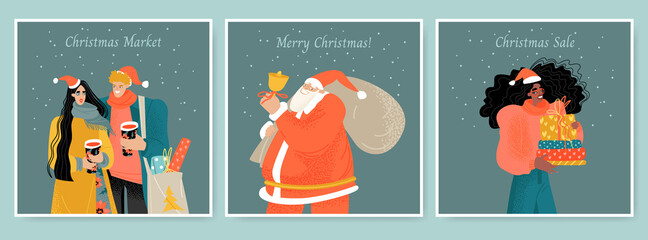 Fototapeta na wymiar A set of cards for the Christmas market with Santa Claus, a girl with gifts and a couple with mulled wine