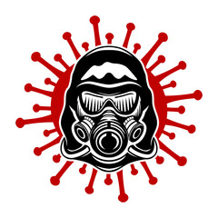 Illustration of a protective mask and coronavirus icon on a white background.