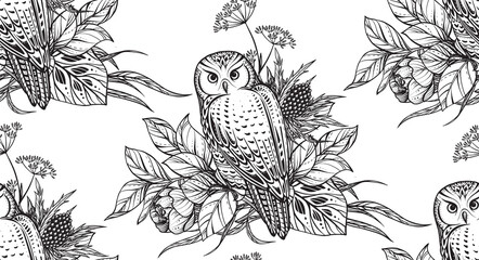 Vector beautiful seamless pattern. Romantic elegant endless background with hand drawn totem owls