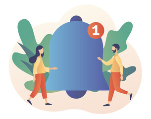 Big ring bell. Notifications. Tiny people get chat messages notification on smartphone or laptop. Reminder pop up. Modern flat cartoon style. Vector illustration on white background
