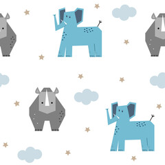 Seamless pattern with cute african elephant and rhino in cartoon style