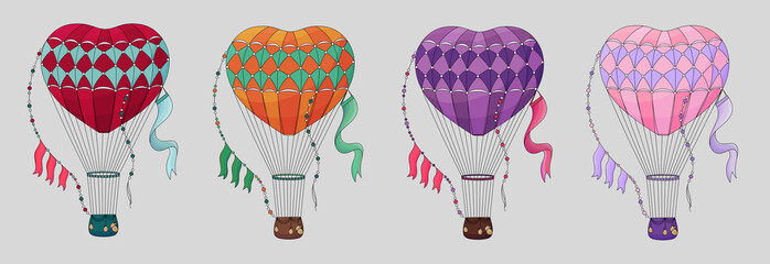 Set of Vintage hot air balloon. Different balloon aerostat collection. Color air balloons isolated. Large bag filled with hot gas and basket. Flying transport. Hand drawn vintage style flight airship. © Belchatina