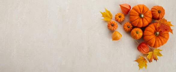 Autumn framework from pumpkins, berries and leaves on a travertine background. Concept of...