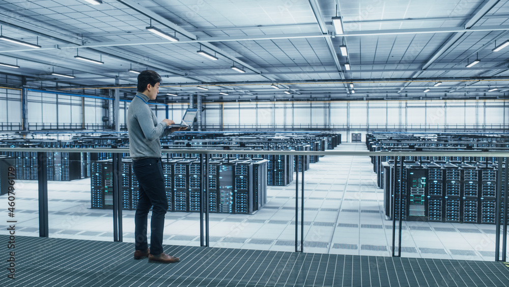 Leinwandbilder Data Center Engineer Using Laptop Computer. Server Farm Cloud Computing Specialist Facility with Asian Male System Administrator Working with Data Protection Network for Cyber Security. Static Shot.