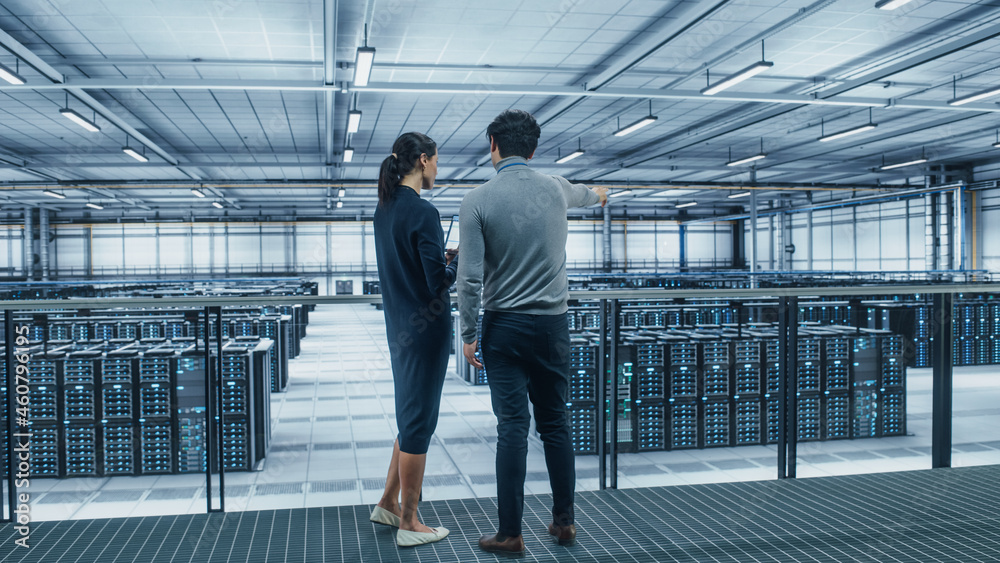 Poster data center female system administrator and male it specialist talk, use laptop. information technol