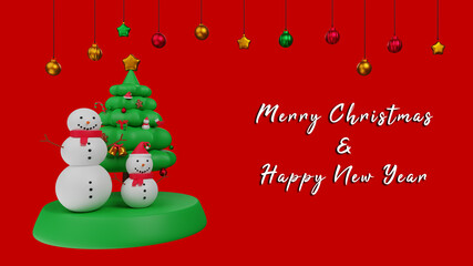 3d illustration merry christmas with christmas tree,snowman, and Christmas decoration