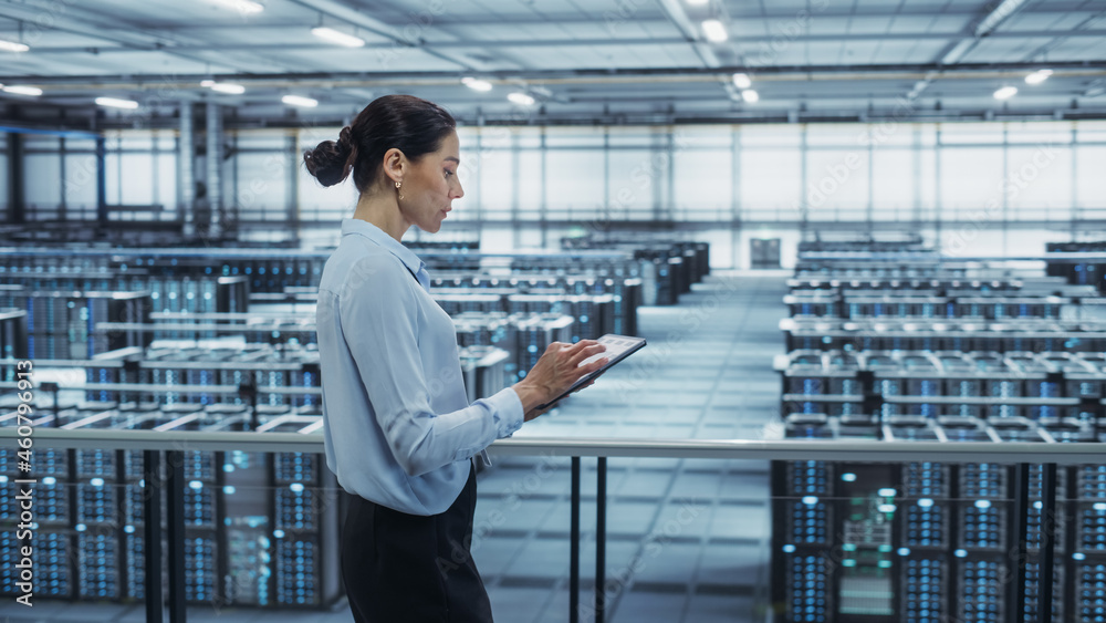 Poster Data Center Engineer Using Tablet Computer. Server Farm Cloud Computing Specialist Facility with Multiethnic Female System Administrator Working with Data Protection Network for Cyber Security.