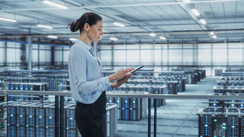 Poster Data Center Engineer Using Tablet Computer. Server Farm Cloud Computing Specialist Facility with Multiethnic Female System Administrator Working with Data Protection Network for Cyber Security.