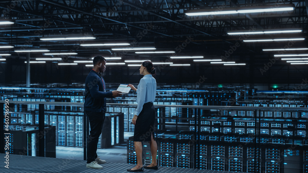 Poster Data Center Female System Administrator and Male IT Specialist Talk, Use Laptop Computer. Information Technology Engineers work on Cyber Security Network Protection in Cloud Computing Server Farm.