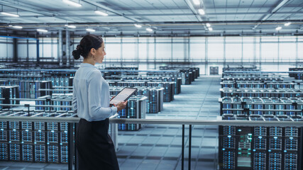 Data Center Engineer Using Tablet Computer. Server Farm Cloud Computing Specialist Facility with...