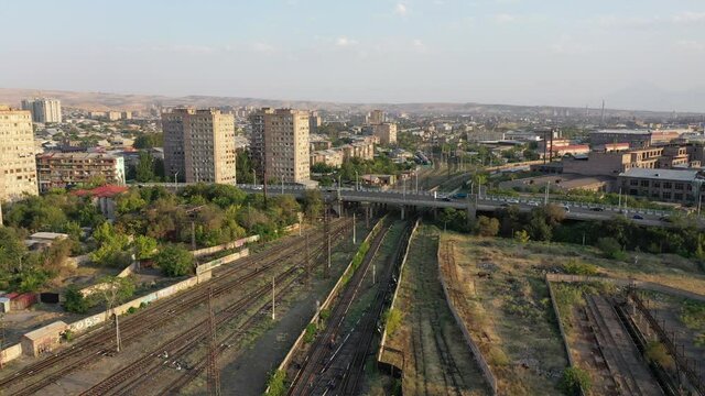 Aerial view empty train station in Yerevan,  Armenia.  Aerial footage buildings in Yerevan city, near train station. Davit Railway station.