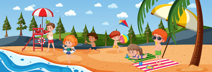Obraz na płótnie Canvas Outdoor horizontal scene with many kids playing at the beach