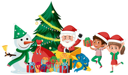 Santa Claus with happy children and Christmas tree