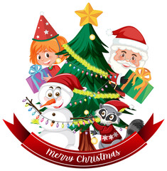 Merry Christmas text banner with Santa Claus and Christmas tree