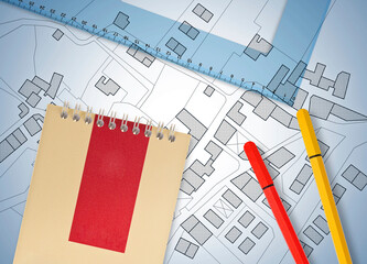 3D rendering of colored work tool over a cadastral map of territ