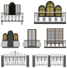 Set of gothic balconies and gates