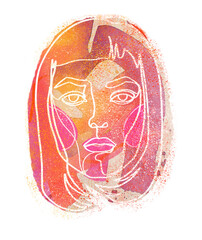 Ilustracja, portret dziewczyny w kolorach: pomarańczowym, magenty, żółtym i beżowym z konturem białej linii. Grafika cyfrowa przeznaczona do druku na tkaninie, t- shircie, plakacie, ceramice.
