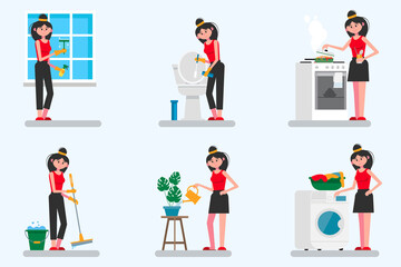 Beautiful woman is a housewife. Set of Housework. A woman doing laundry, cleaning woman, housekeeper, cook. Vector illustration in flat style.