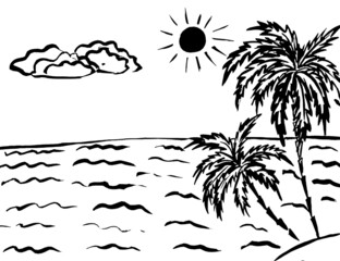 Landscape with palm trees, sea, clouds and sun