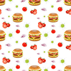 Seamless pattern of tasty burgers isolated on white background