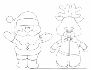 one line drawing of santa claus and deer, vector