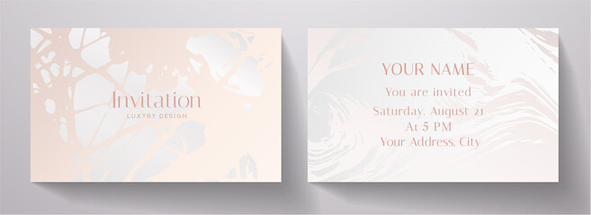 Invitation card with luxury marble texture in white color. Elegnat premium background template for invite design, prestigious Gift card, voucher or luxe name card