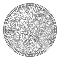 Zendala on white. Design Zentangle. Hand drawn mandala with abstract patterns on isolation background. Design for spiritual relaxation for adults. Black and white illustration for coloring