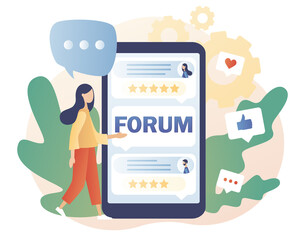 Tiny woman communication in community group in smartphone app. Online forum concept. Internet chat messages, dialog, conversation in social media, networking. Modern flat cartoon style. Vector