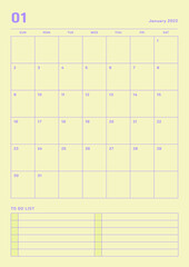 January 2022 colorful cute graphic design digital and printable calendar template illustration. Notes, scheduler, diary, calendar, memo, planner document template background.