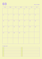 March 2022 colorful cute graphic design digital and printable calendar template illustration. Notes, scheduler, diary, calendar, memo, planner document template background.