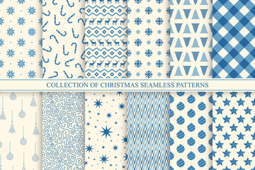 Collection of christmas seamless patterns. Holiday endless blue and white backgrounds - vintage style. Beautiful celebration prints. Can be used as wrapping paper, textile covers, wallpaper, and etc