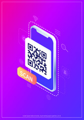 Isometric Smartphone scanning qr code. Download page of the mobile app. Web banner. Concept web design, website page development. Qr code verification landing page