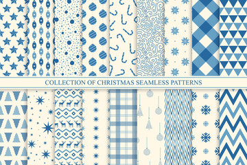 Collection of christmas seamless patterns. Holiday endless blue and white backgrounds - vintage style. Beautiful celebration prints. Can be used as wrapping paper, textile covers, wallpaper, and etc