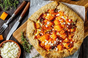 pumpkin galette with onion and feta cheese
