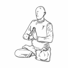 Drawing, engraving, ink, line art, vector illustration buddhist meditation, religion, praying concept sketch in silhouette on a white background.