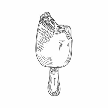 Drawing, engraving, ink, line art, vector illustration delicious glazed ice cream sketch in silhouette on a white background.