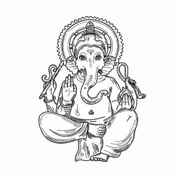 Drawing, engraving, ink, line art, vector illustration sitting Ganesha, religion, praying concept sketch in silhouette on a white background.