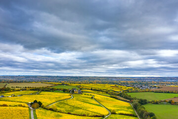 A bird's eye view of the beautiful golden colored vineyards near Hattenheim / Germany in the Rheingau in autumn 