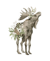 Watercolor moose and floral bouquet. Wild forest animals, bright leaves, flowers, plants. Nature wildlife 